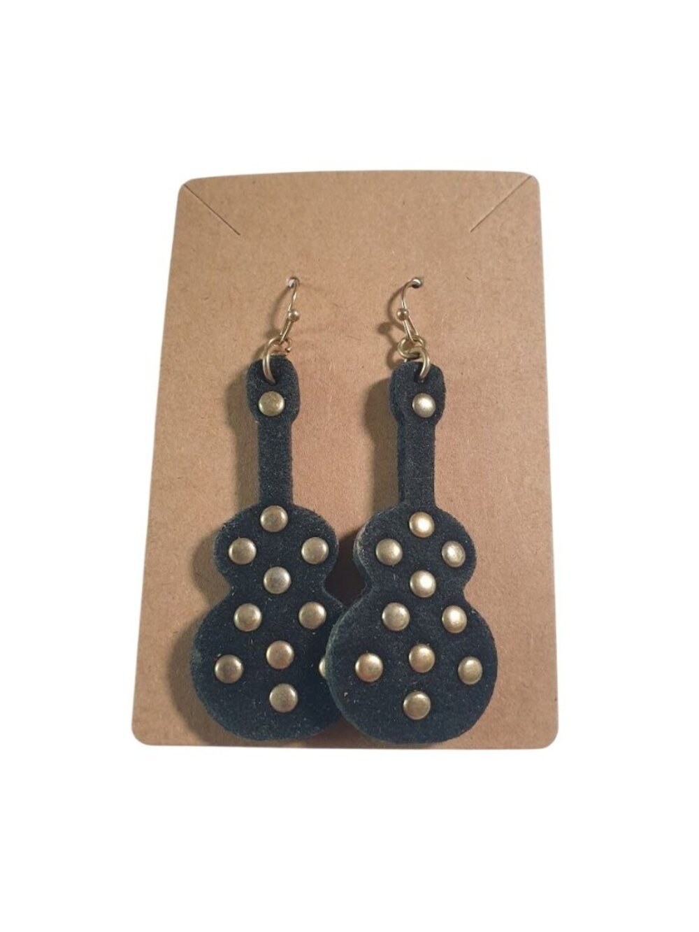 Black Guitar Earrings Leather Gold Tone Studs Lightweight Handmade Hooks Music